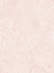 A close-up view of pink and white paisley wallpaper featuring intricate floral patterns and elegant swirls, highlighting intricate patterns and a soft, decorative aesthetic.