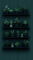 A collection of potted plants on dark green shelves.