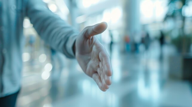 Business professional offering a handshake to signify a warm welcome, agreement, or partnership in a corporate office setting