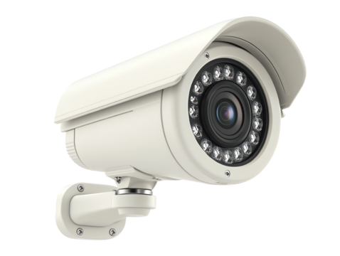 Security camera with a sleek design, mounted on a wall for surveillance. transparent background