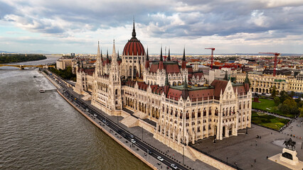 Architecture of Budapest. Aerial view of Budapest Parliament Building. Hungary Capital Cityscape at daytime. Travel, tourism and European Political Landmark Destination. 4K 