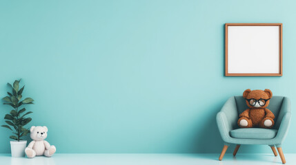 Fototapeta premium A brown teddy bear wearing glasses sits in a blue armchair in a minimalist room.