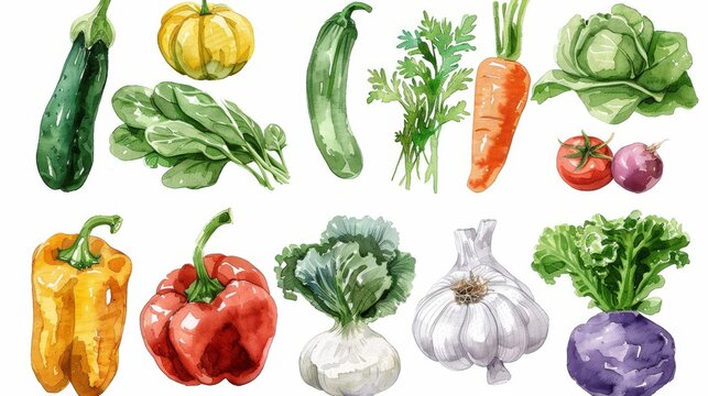 Hand drawn watercolor fresh vegetables and herbs collection on white background