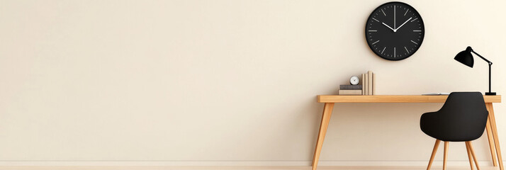 Minimalist home office with a desk, chair, and clock.