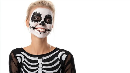 Smiling Blonde Woman in Skeleton Costume for Halloween Promotions