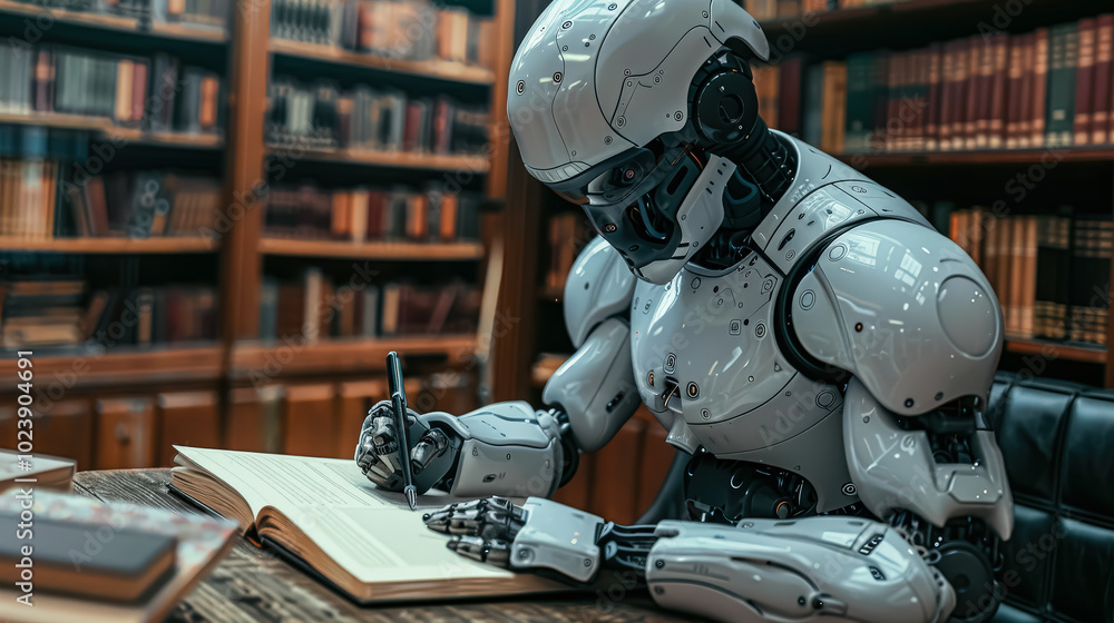 Poster robot is sitting at a desk and writing in a book. the robot is white and has a robotic arm. the robo