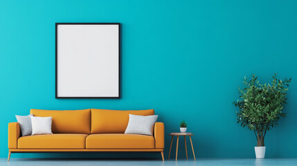 A bright living room with a  yellow couch and a blank frame on a turquoise wall.
