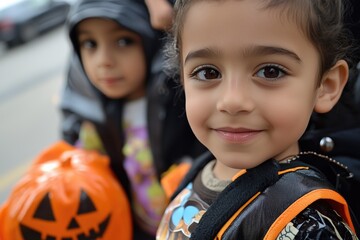 Smiling Kids Trick-or-Treating for Halloween Fun