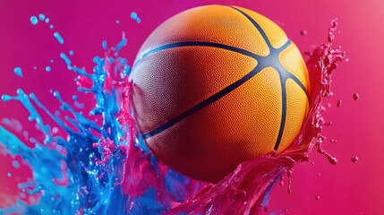 Fototapeta premium A basketball with blue paint splattering around it on a pink background.