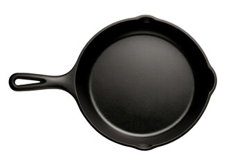 Black cast iron skillet on a white isolate background. transparent background
