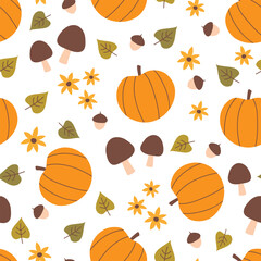 Pumpkin seamless pattern. Thanksgiving background. Autumn pattern with pumpkins, mushrooms, acorns, flowers and fall leaves. Vector illustration.