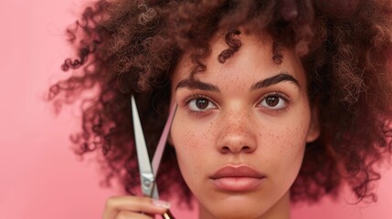 Frustrated woman with scissors and beauty tools in a studio, dealing with hair growth issues and a DIY treatment against a pink backdrop