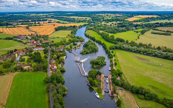 Aerial view of Hambleden Lock near Mill End on the river Thames