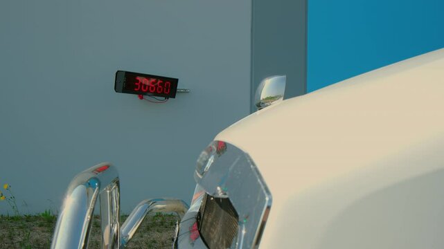The truck into the weighing station on road. Industrial equipment for measuring weight.
