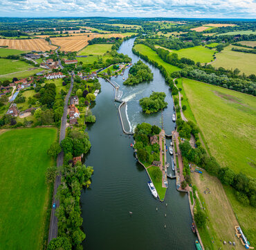 Aerial view of Hambleden Lock near Mill End on the river Thames