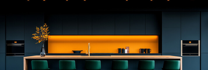 Modern kitchen interior with sleek dark blue cabinets, a bright yellow backsplash, and green barstools.