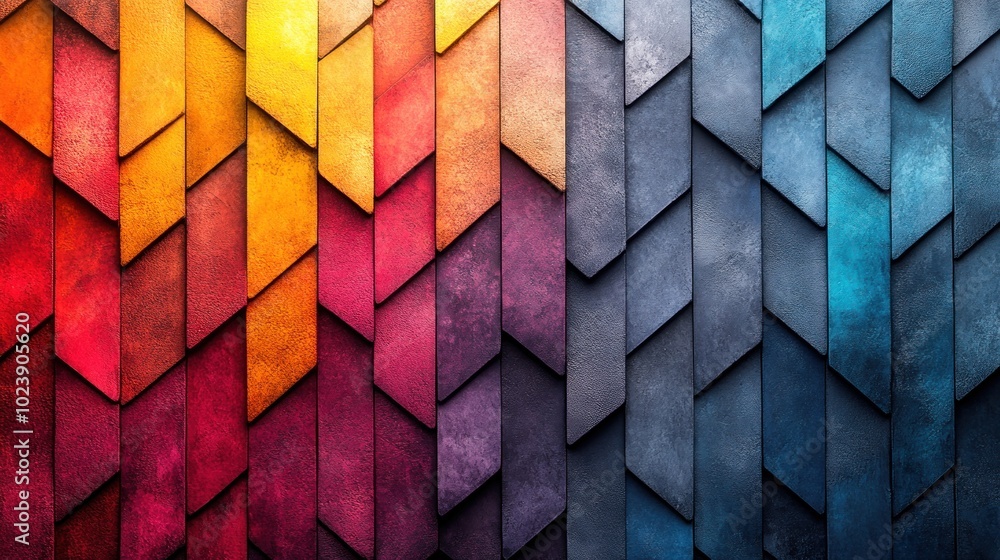 Poster abstract colorful pattern with textured tiles in a gradient from yellow to blue.