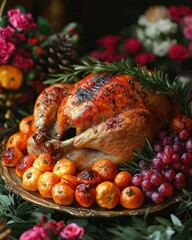 Harvest-inspired Thanksgiving dinner with seasonal vegetables, roasted turkey, and pie