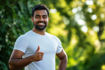 Smiling Man Giving Thumbs Up Gesture Outdoors Positivity, approval, healthy lifestyle, happiness.