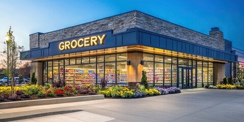 modern grocery store exterior with a sign "GROCERY" 