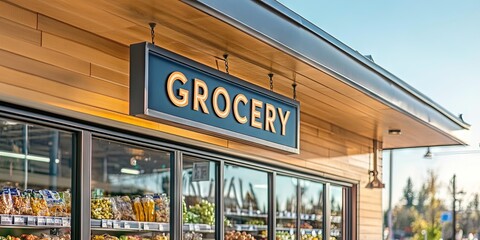 modern grocery store exterior with a sign "GROCERY" 