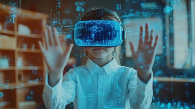 Student wearing VR headset interacting with artificial intelligence in education - Powered by Adobe