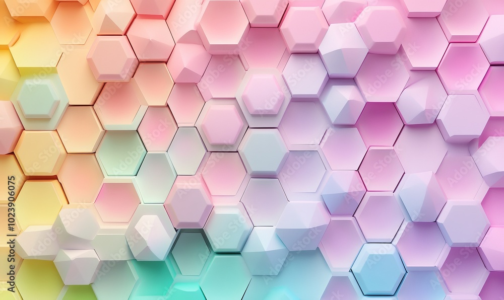 Poster a smooth surface displaying a gradient of pastel rainbow colors in hexagonal shapes, creating a vibr