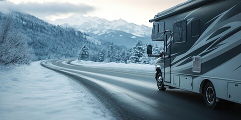 RV Modern motorhome on a road in the mountains. winter