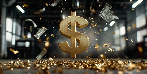Golden 3D dollar symbol with sparkles on a glittery background, illuminated by soft light, creating a sense of luxury and wealth; perfect for commercial and advertising visuals