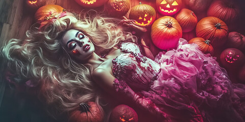 Gothic Princess Halloween: A captivating,  haunting image of a beautiful woman in a pink princess gown and spooky makeup, surrounded by glowing jack-o-lanterns. Perfect for Halloween, gothic, fantasy.