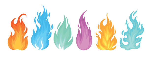 Colorful fire flames. Multicolored bonfire, burning fireballs and wildfire colored flames flat vector illustration set. Cartoon fire on white background.