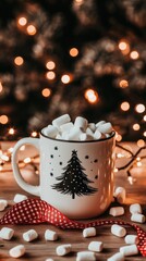 Fototapeta premium A charming mug filled with hot chocolate, featuring a Christmas tree design, is beautifully placed on a snow-covered ground illuminated by fairy lights, creating a cozy winter atmosphere