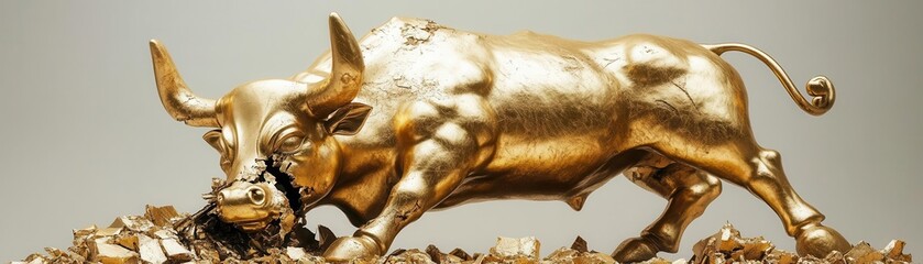 Golden bull statue cracked and falling apart, symbolizing the end of a market rally