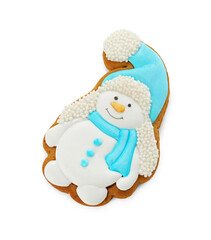 Tasty Christmas cookie in shape of snowman isolated on white