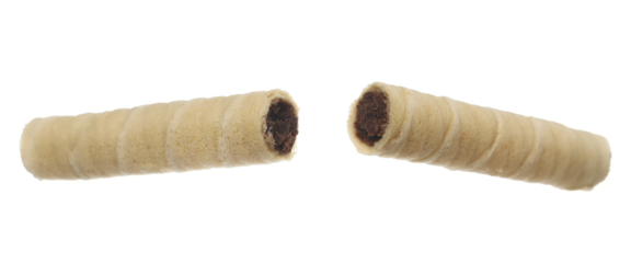 Wafer cookie stick cracked with cocoa cream roll isolated on white, clipping
