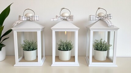 Fototapeta premium Three charming lanterns, each embellished with Christmas decorations and plaid ribbons, glow warmly as candles light up a rustic wooden setting, creating a festive atmosphere