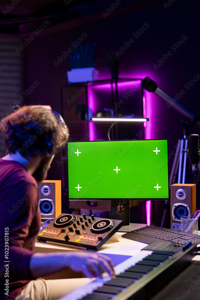 Leinwandbilder Professional composer working with mixing console and electronic keyboard to follow online tutorial on greenscreen monitor. Young artist watching lessons on computer to learn editing new music.