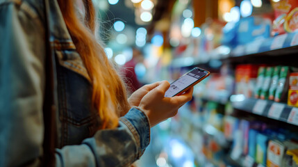 A shopper stands in a grocery store aisle, engaged with their smartphone, surrounded by colorful product displays under warm, ambient lighting. The setting creates a cozy atmosphere - Generative AI