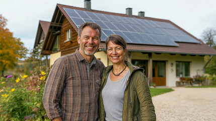 happy couple in front of large house with solar panels installed, in europe