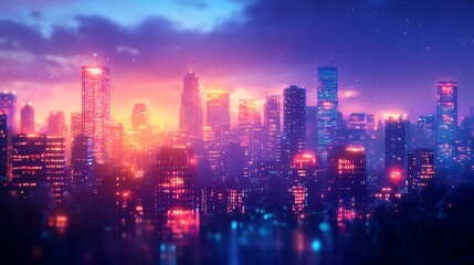 Fototapeta premium A city skyline at night with a bright orange sky