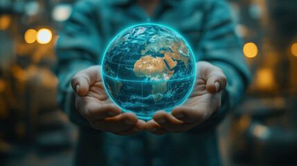 Fototapeta premium A Earth Diagram Float Just Above His Hands, With A Light Glow Outlining The Earth, And Light Clouds Above The Earth As A Symbol Of Climate Change