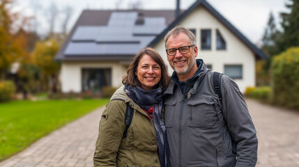 happy couple in front of large house with solar panels installed, in europe
