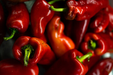 Juicy red pepper close-up for sale at the vegetable market