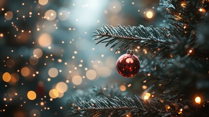 A red ornament hangs on a Christmas tree