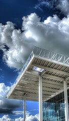 Obraz premium Modern building with a glass facade and a white metal roof, against a bright blue sky and puffy white clouds.