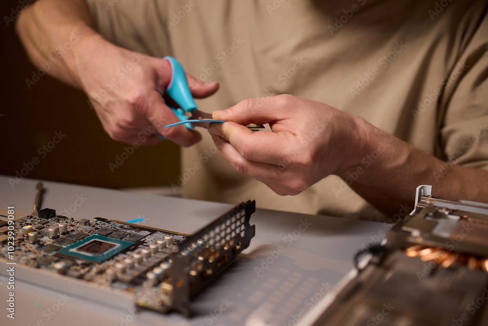 Poster hand repairing a graphics card through the application of thermal paste for better performance