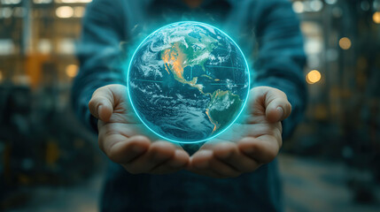 Fototapeta premium A Earth Diagram Float Just Above His Hands, With A Light Glow Outlining The Earth, And Light Clouds Above The Earth As A Symbol Of Climate Change