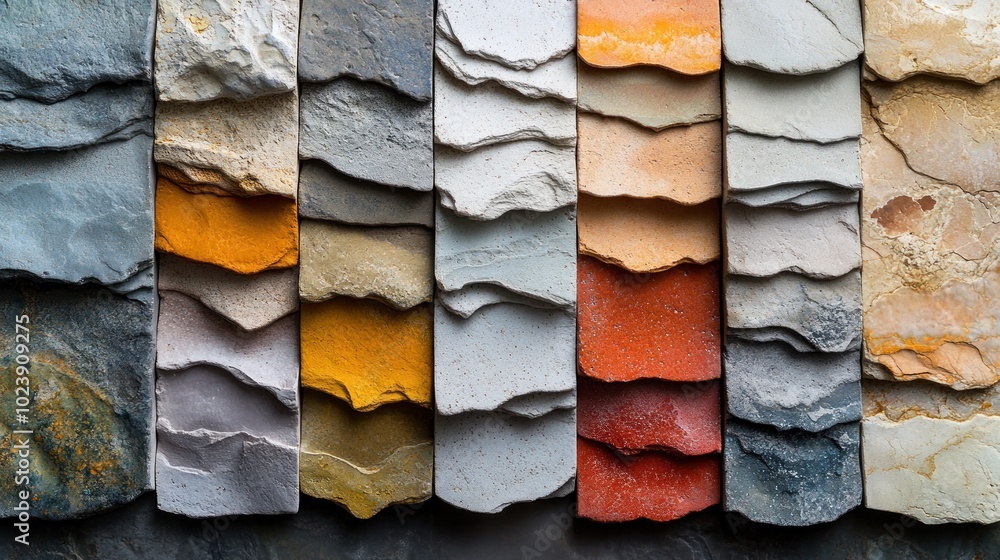 Poster a collection of colorful stone samples arranged in rows.