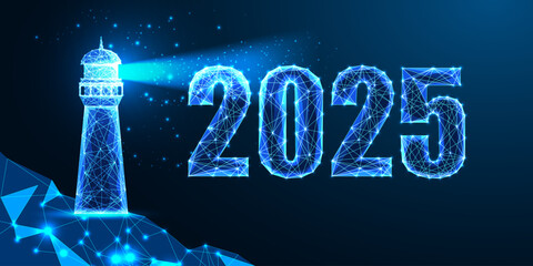 Abstract 2025 business vision, New Year digital web banner template. Futuristic greeting card 