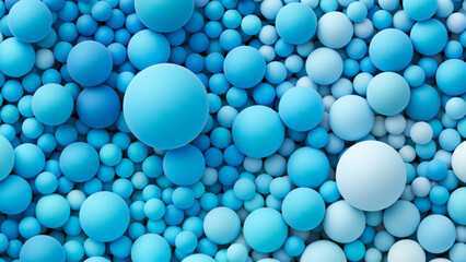 Many ocean blue bright color random soft balls background. Colorful balloons wall decoration of a children's festival. Huge pile of blue smooth gradient balls in various sizes. Vector background
